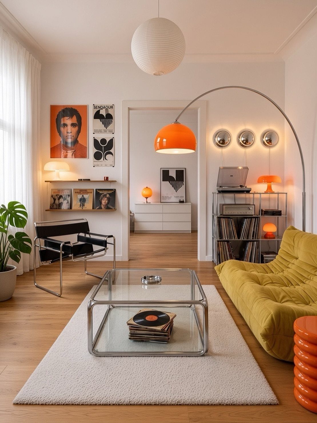 Modern living room with yellow lounge chair, glass coffee table, and orange arc lamp.