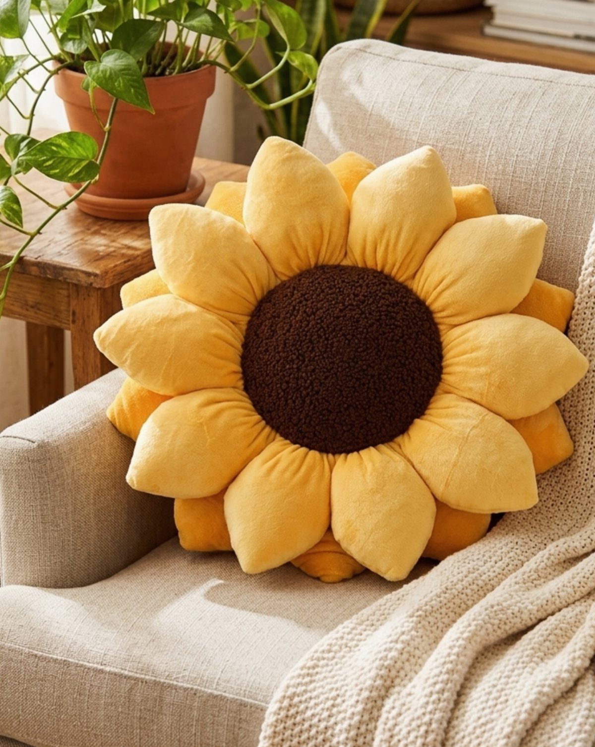 Sunflower-shaped yellow accent pillow resting on a light beige fabric armchair.