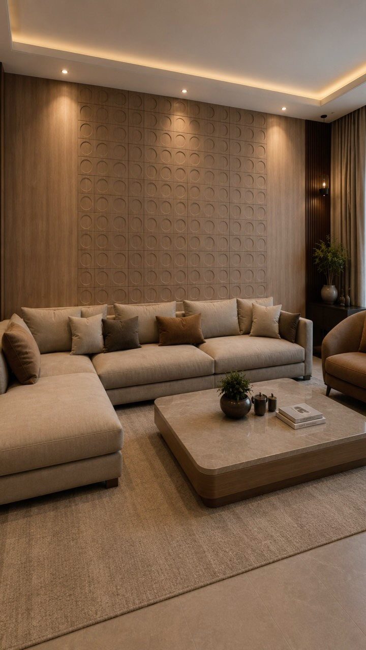 Beige sectional sofa and marble coffee table against a textured brown accent wall.