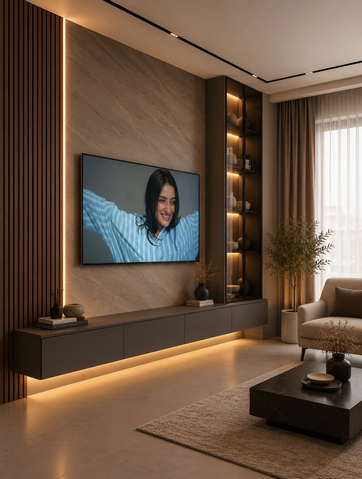 Modern living room with floating cabinet, textured wall, and warm ambient LED lighting.