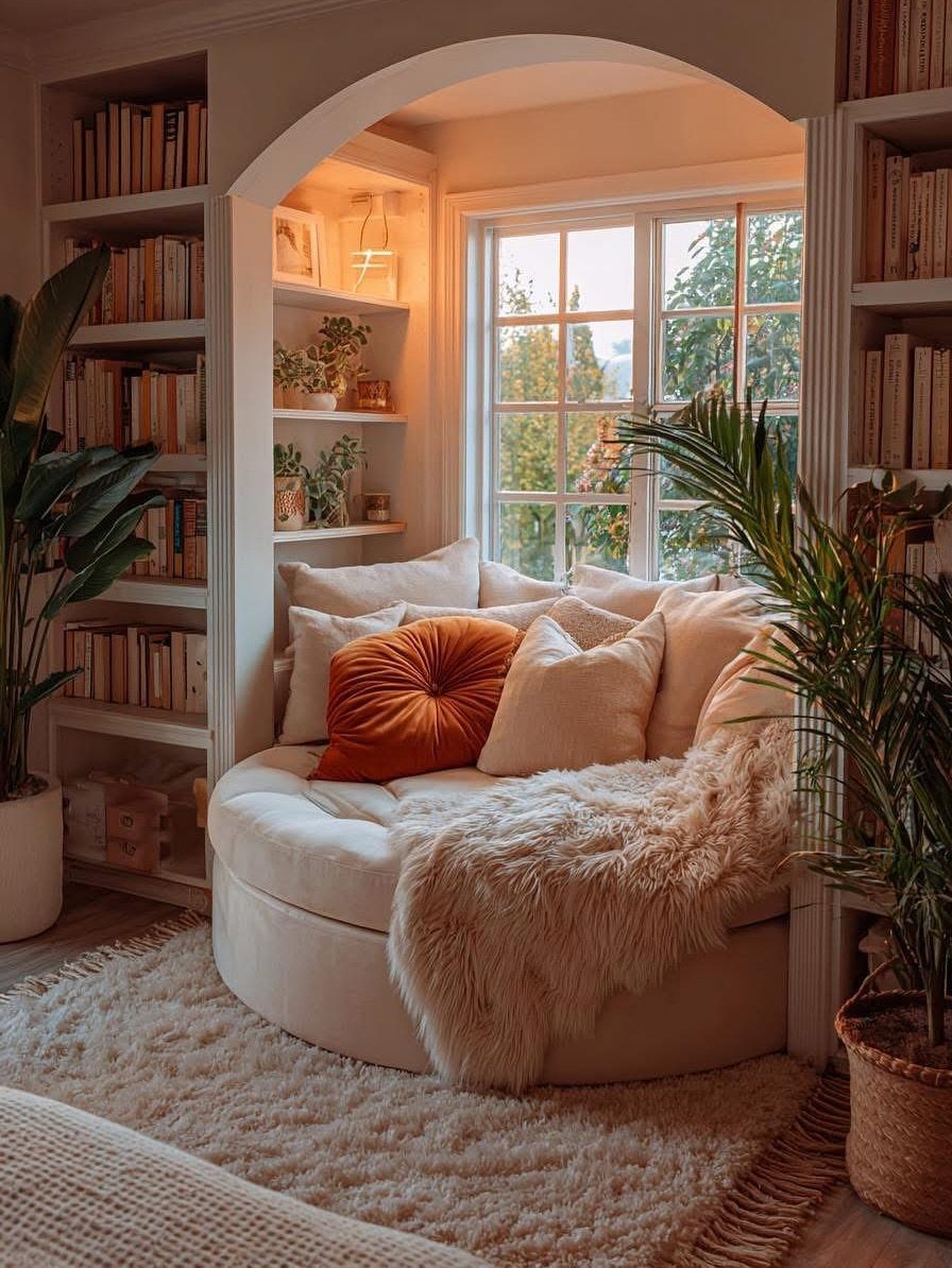 Circular cushioned reading nook with pillows and a faux-fur throw in an arched alcove.