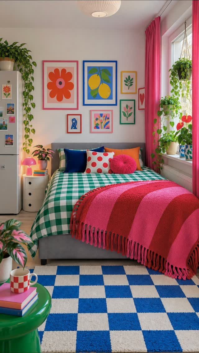 Colorful bedroom with checkered rug, bright art prints, and vibrant pink and green bedding.