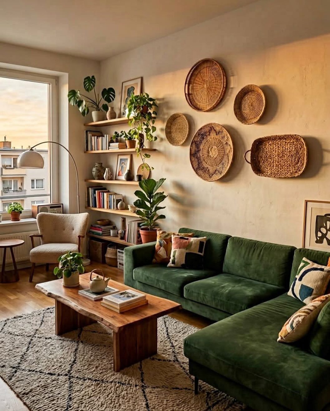 Woven decorative baskets hanging on a wall above a green velvet sectional sofa.