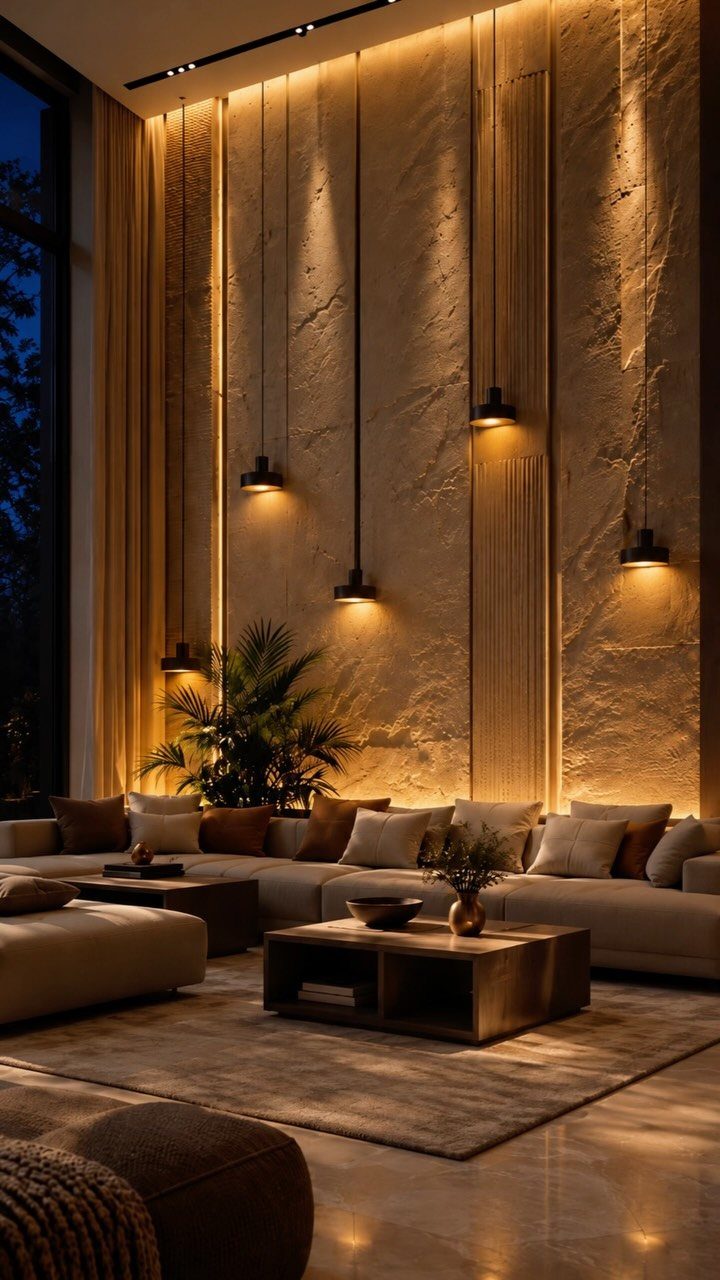 Textured beige wall panels with vertical fluting and warm lighting in a modern living room.