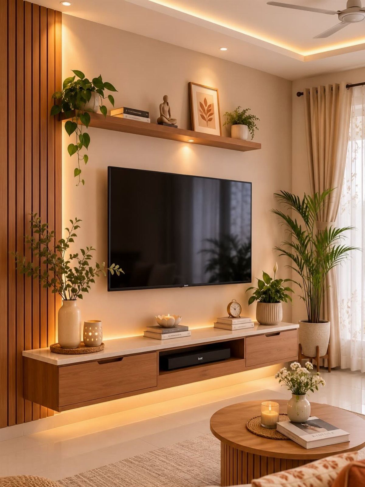Wall-mounted wooden TV console and floating shelf with plants in a modern living room.