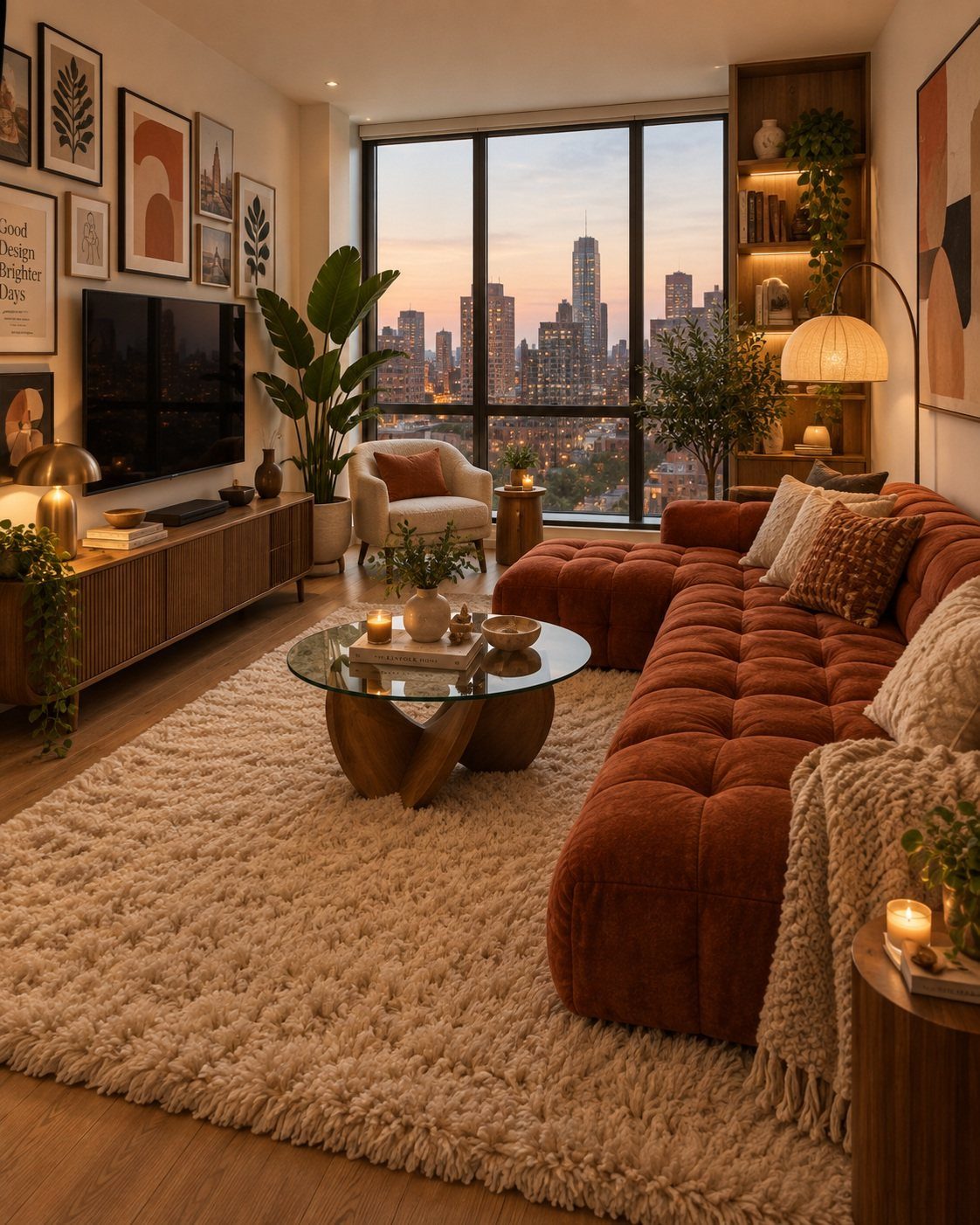 Modern living room with orange fabric sofa, wooden furniture, and city skyline view.