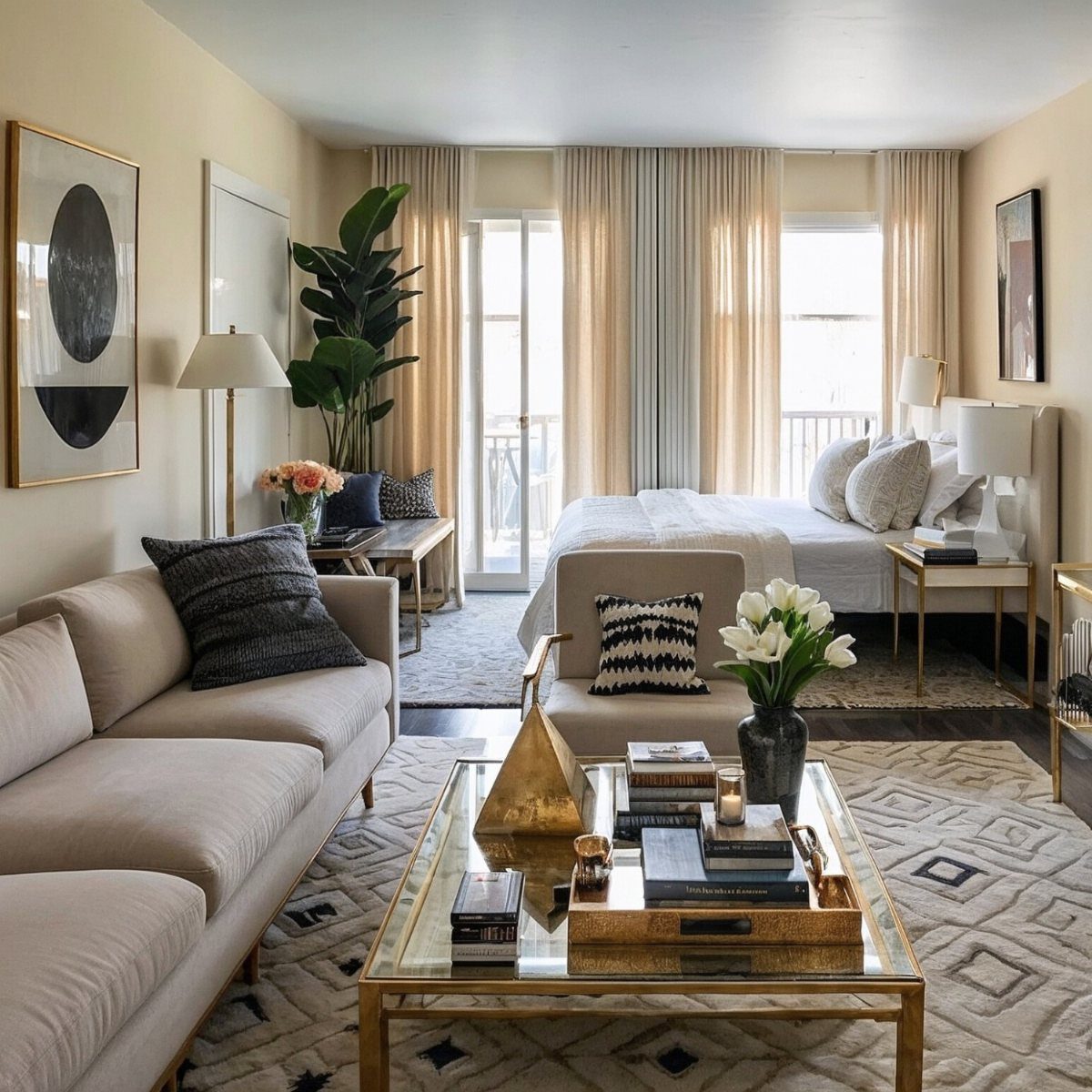 Beige sofa and glass coffee table on a patterned rug in a studio apartment.