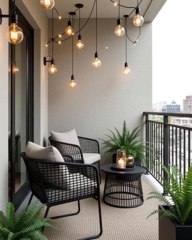 Modern balcony with black woven chairs, a small round table, and hanging Edison bulbs.
