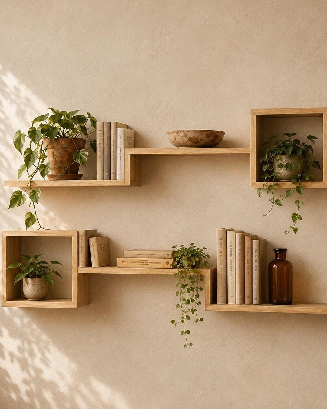 Wooden wall-mounted shelves holding books, small potted plants, and a decorative bowl.