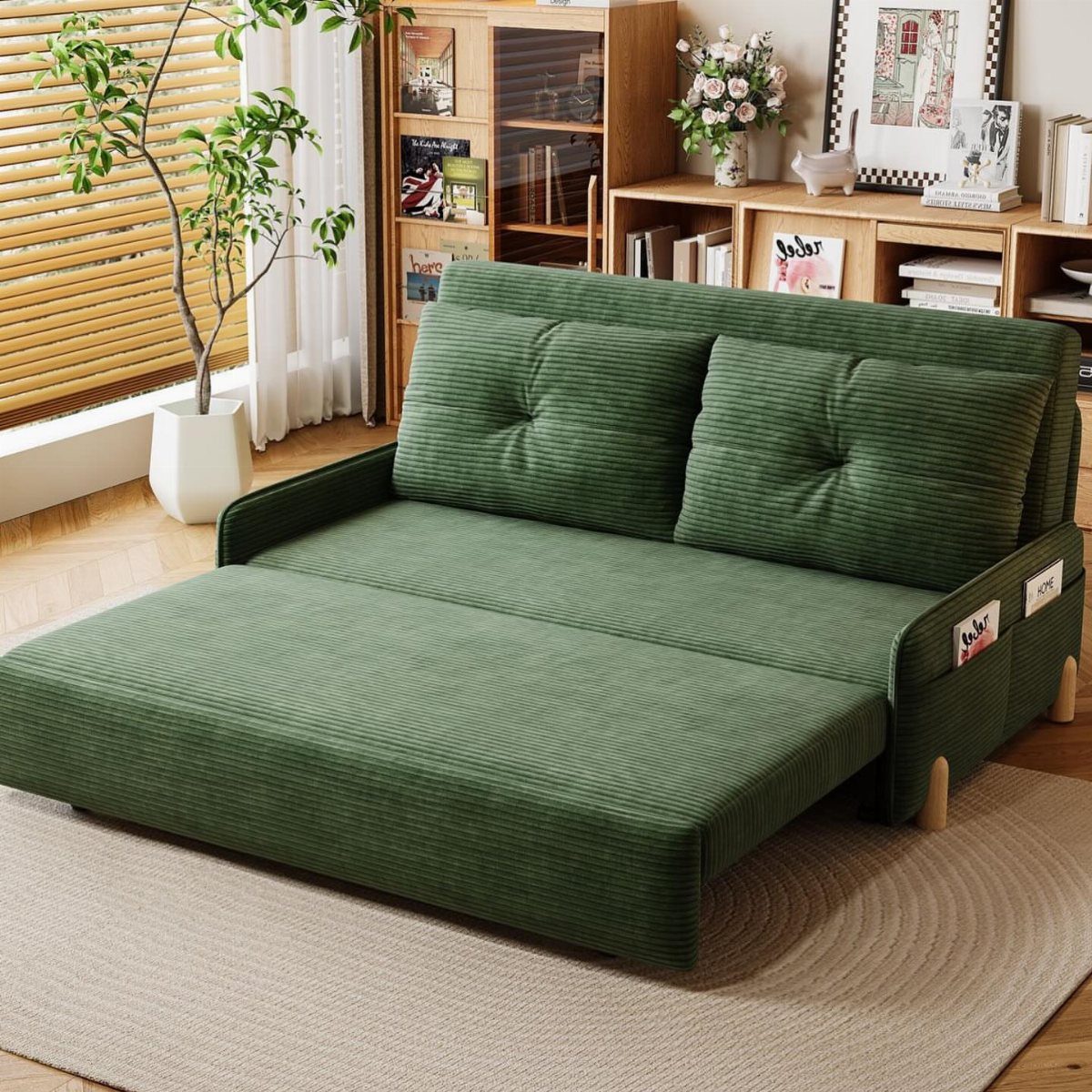 Green corduroy sleeper sofa extended into a bed in a bright living room