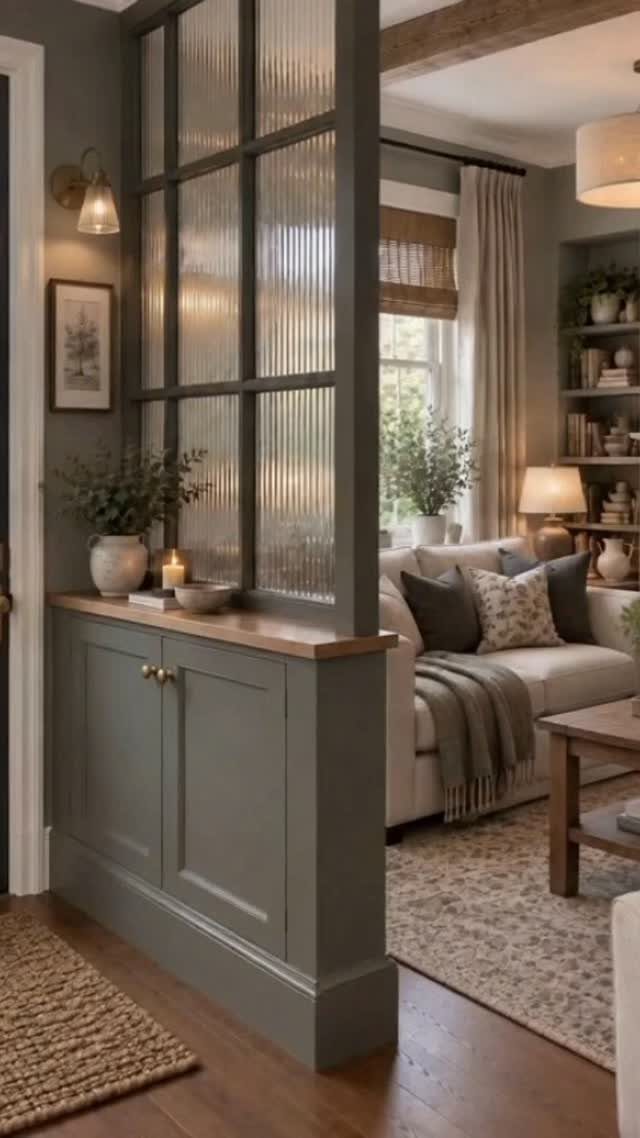 Grey fluted glass room divider separating a hallway from a cozy living room area.