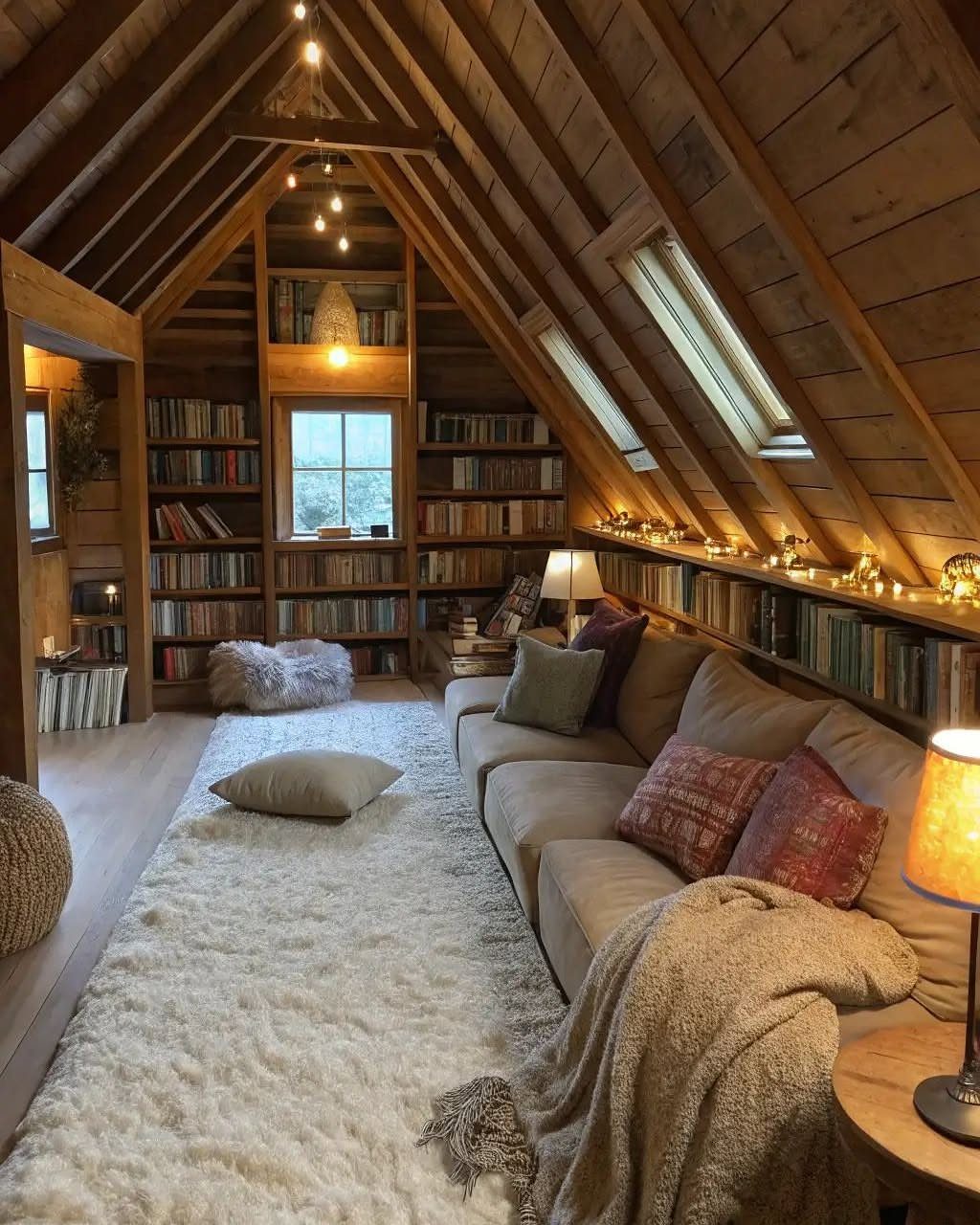 Cozy attic living room with sloped wooden ceilings, built-in bookshelves, and a tan sofa.