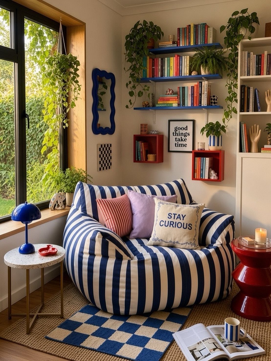 Blue and white striped beanbag chair in a cozy corner reading nook with bookshelves.