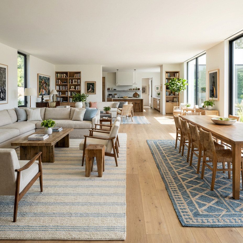 Living and dining areas separated by a striped rug and a blue patterned rug.