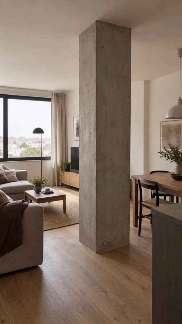 Concrete structural column in a modern living room with a beige sofa and lamp.