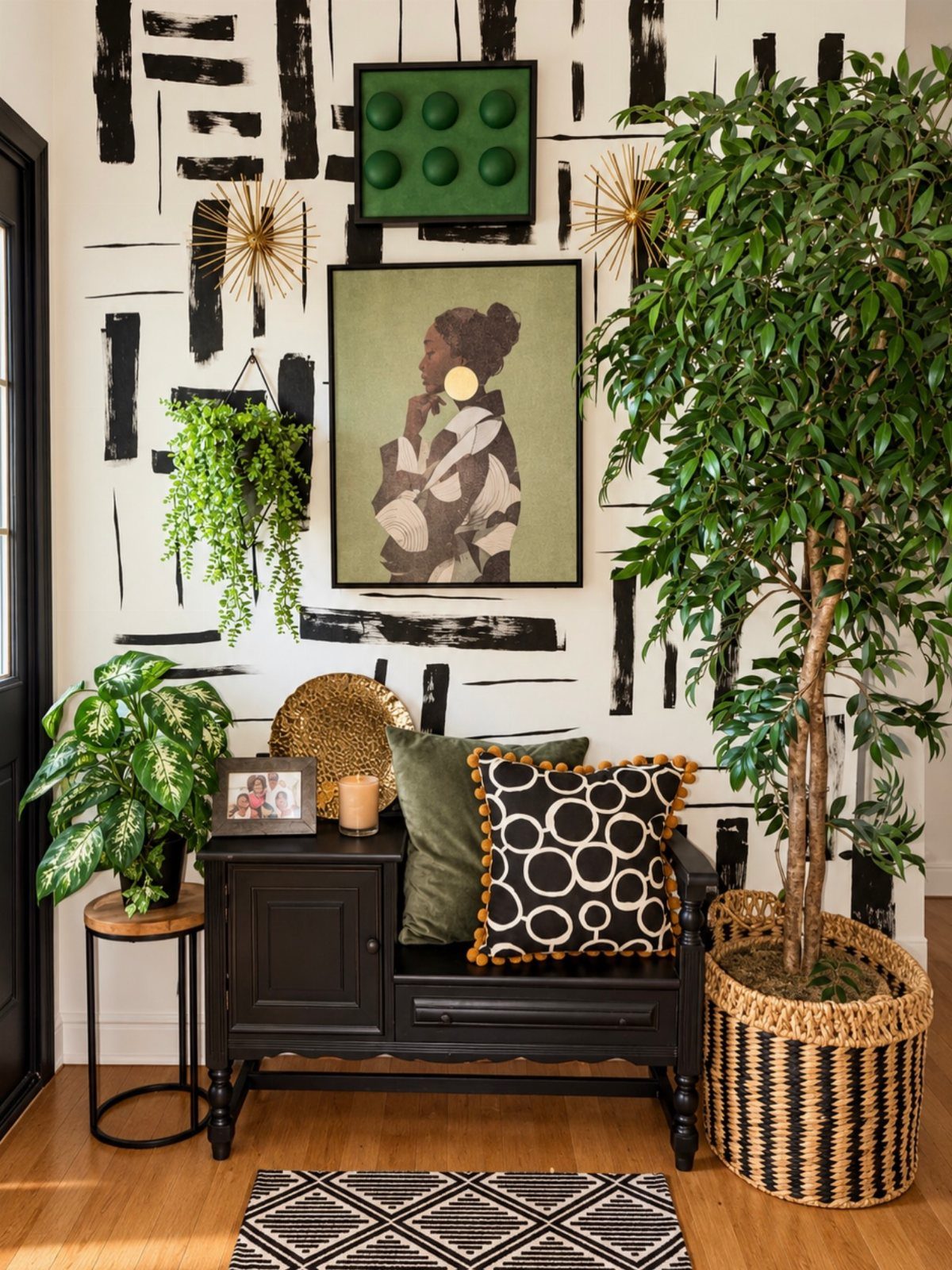 Black wooden cabinet with pillows against a white wall with black abstract patterns