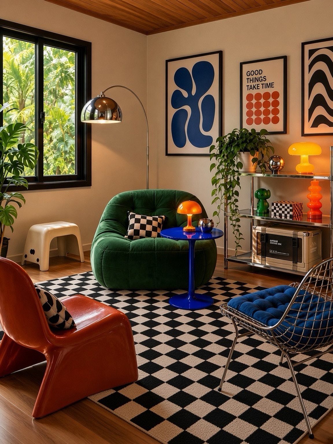 Colorful modern living room with a black and white checkered rug and bold furniture.