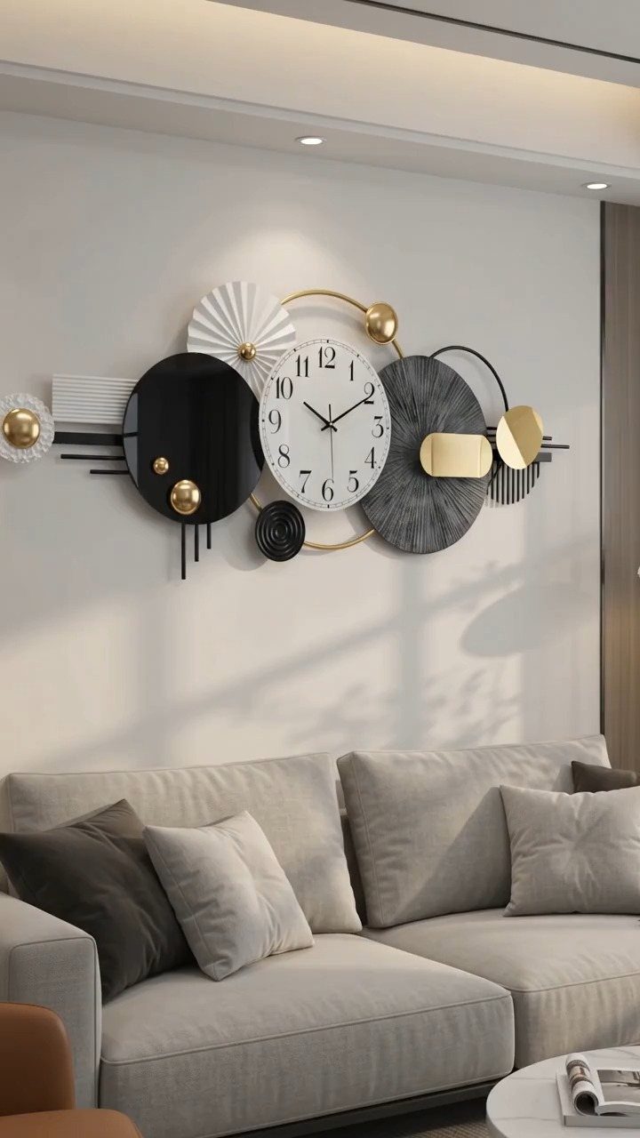 Geometric black, white, and gold wall clock above a light grey modern sofa.