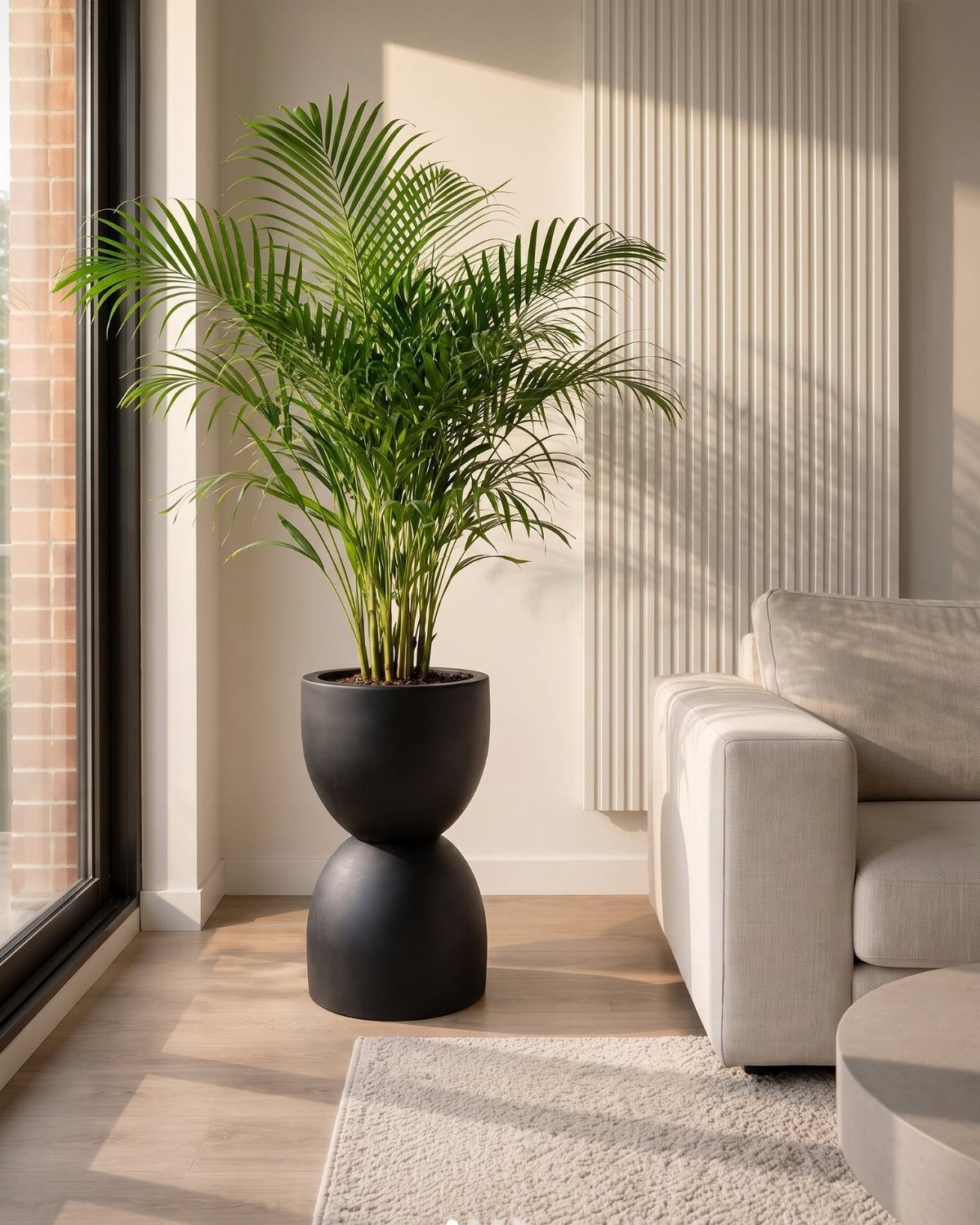 Green palm plant in a black sculptural pot in a bright modern living room