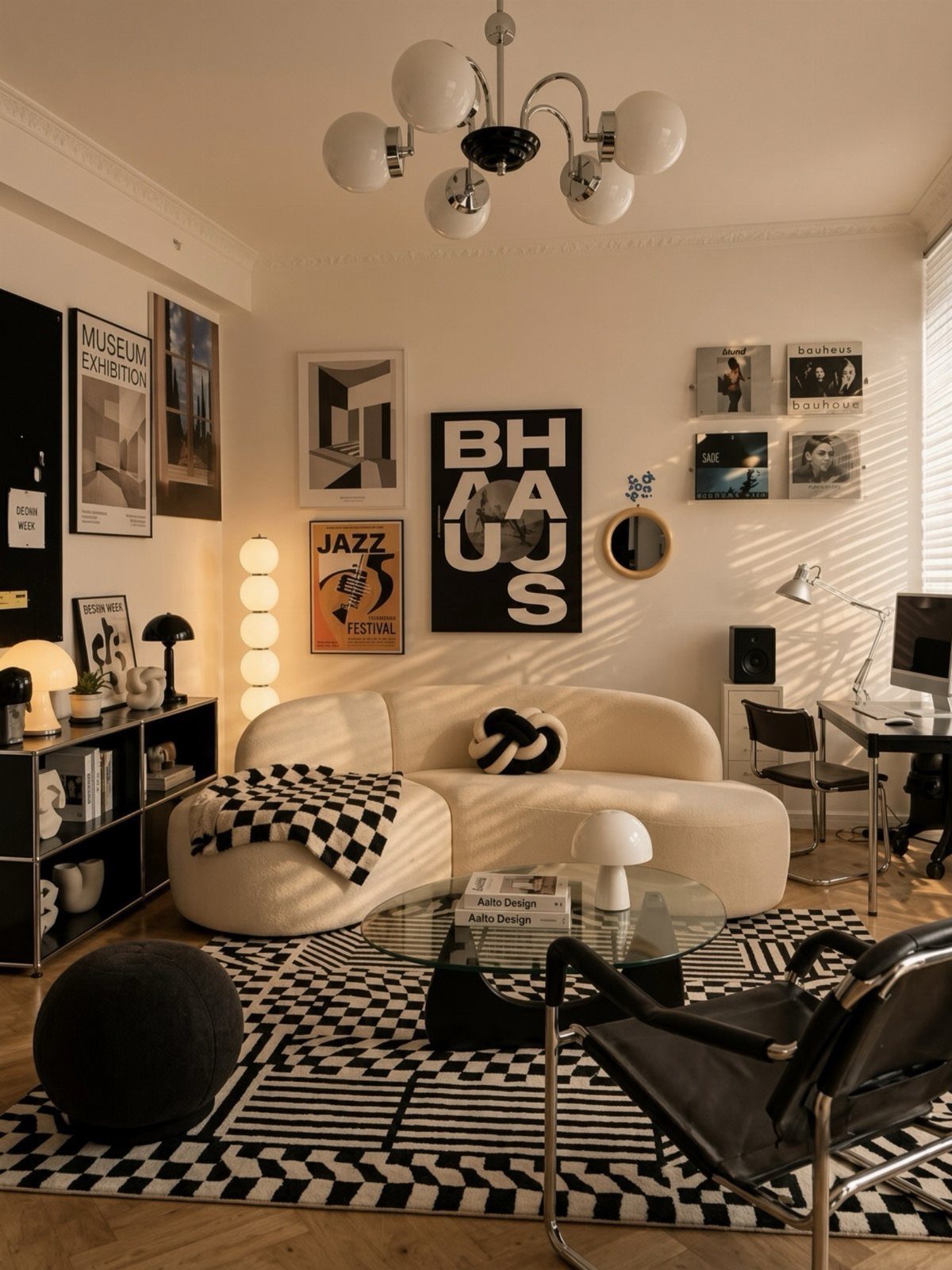 Modern living room with curved white sofa, black leather chair, and monochrome art.