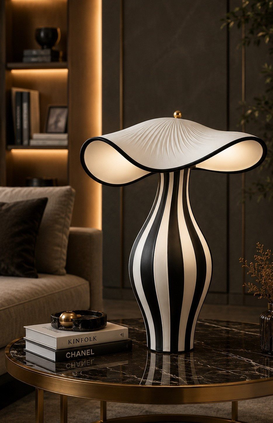 Black and white striped table lamp with warm light on a marble table.