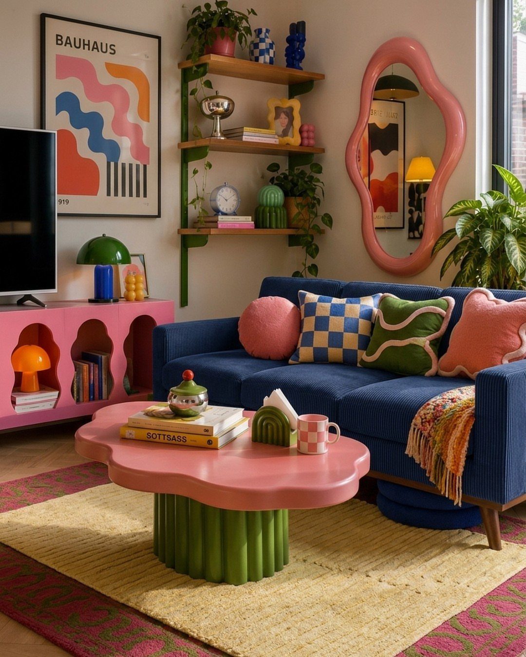 Blue sofa with colorful pillows and eclectic pink and green furniture in a living room.