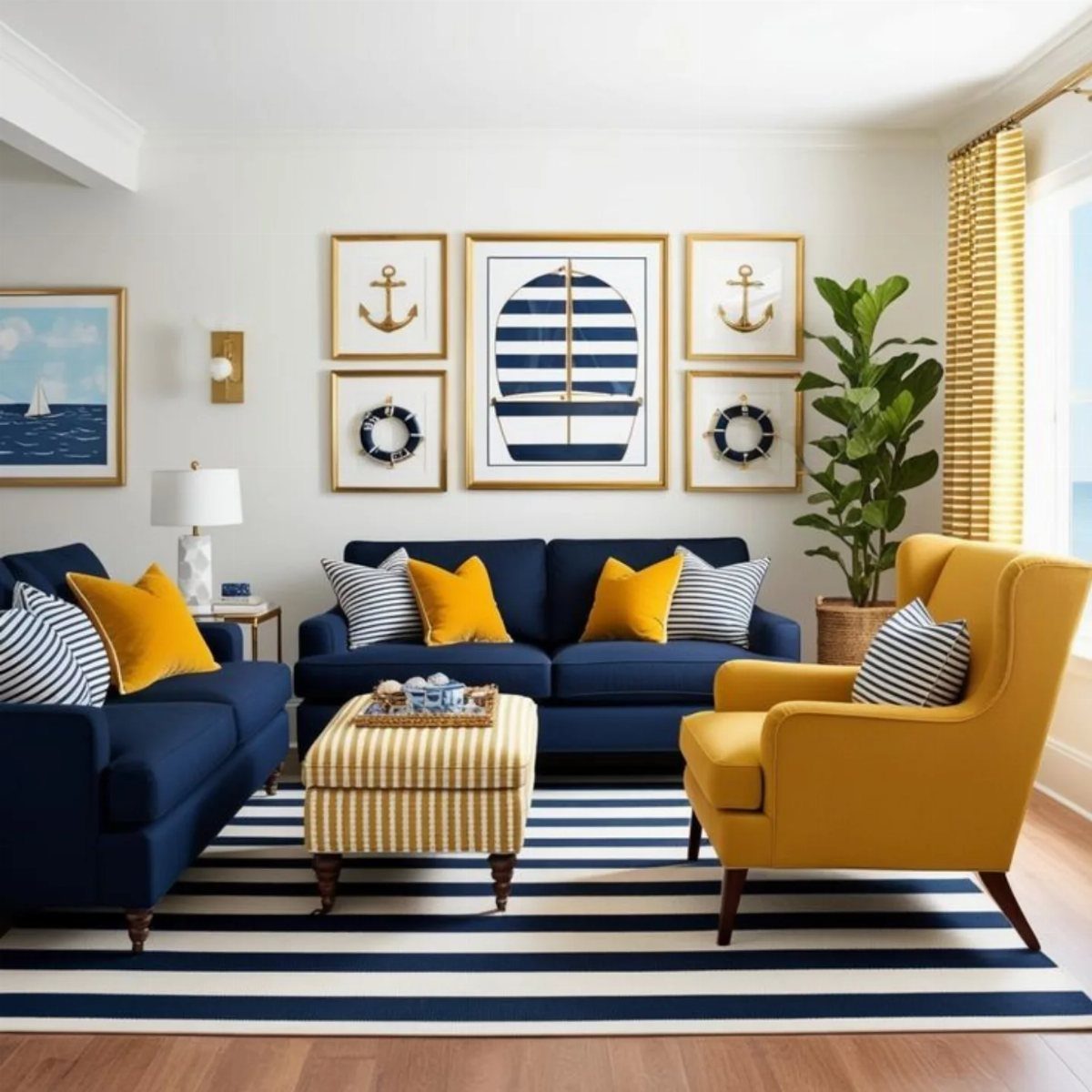 Navy blue sofa and yellow armchair in a nautical themed living room.