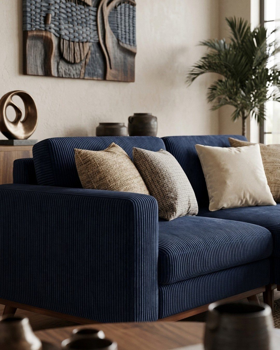 Navy blue corduroy sofa with textured beige pillows and ceramic vases in living room.