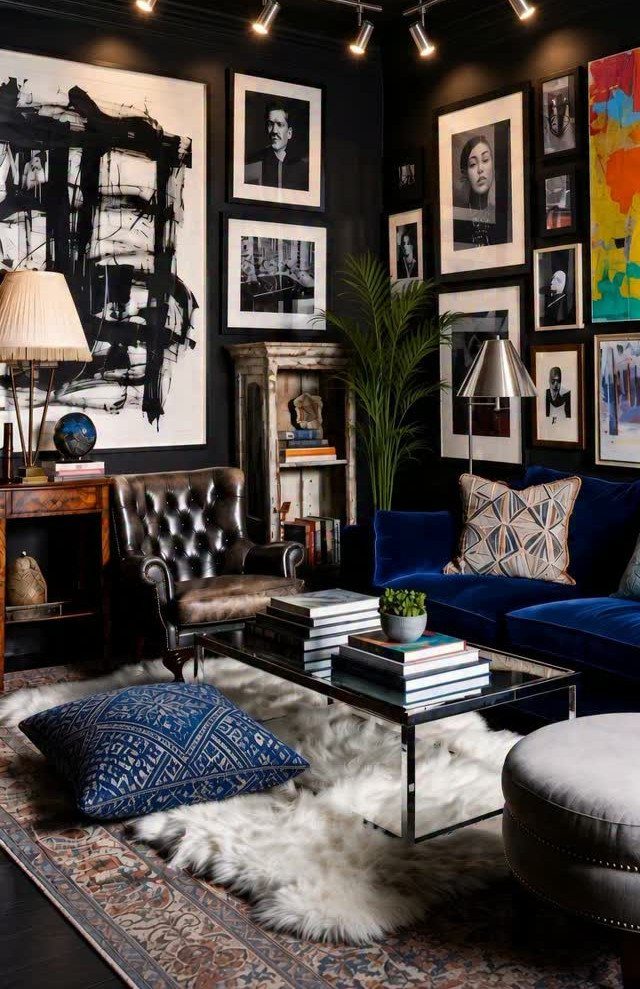 Deep blue velvet sofa in a living room with black walls and gallery art.
