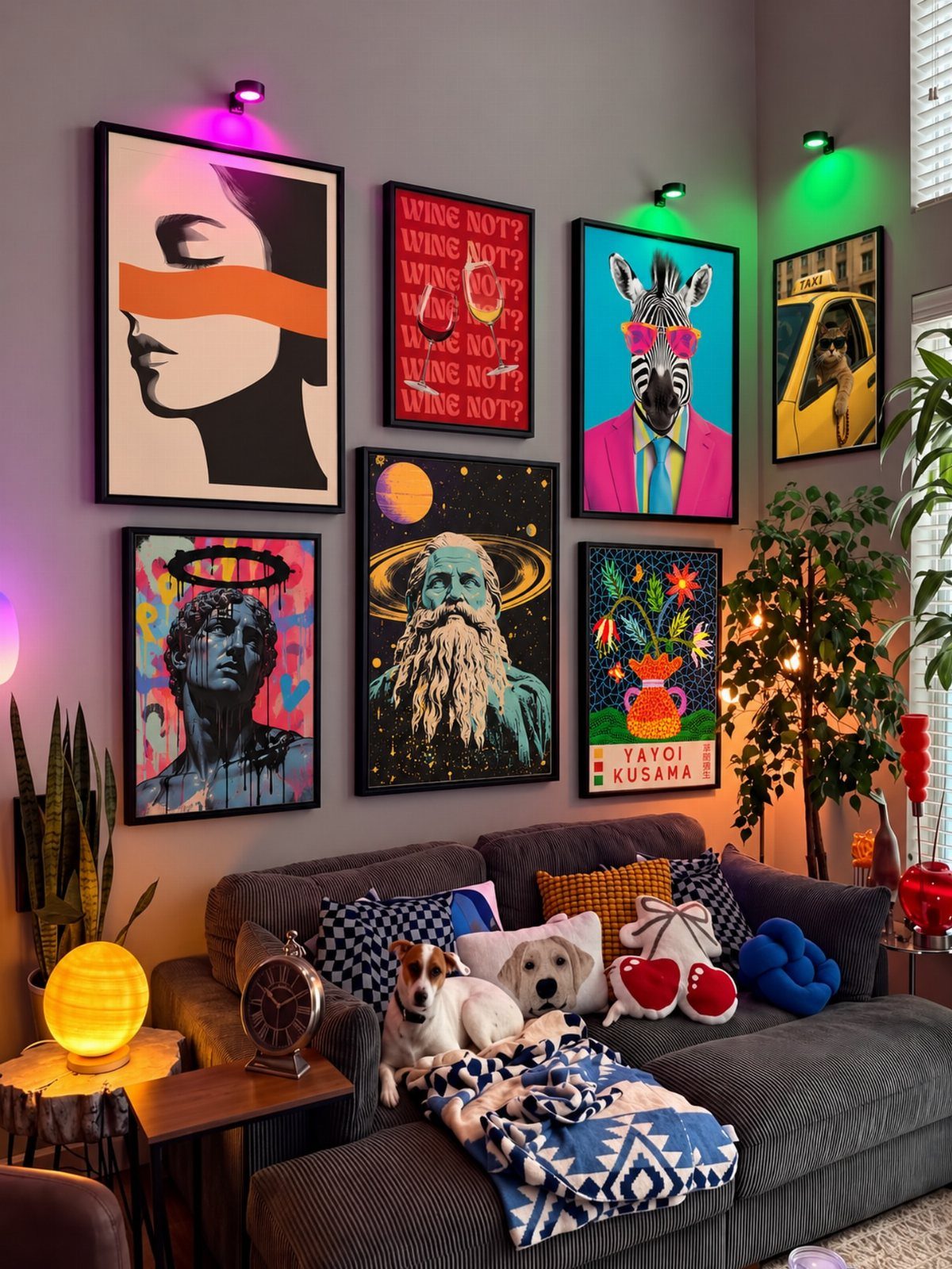 Blue textured sofa with a colorful gallery wall of art prints on a grey wall.