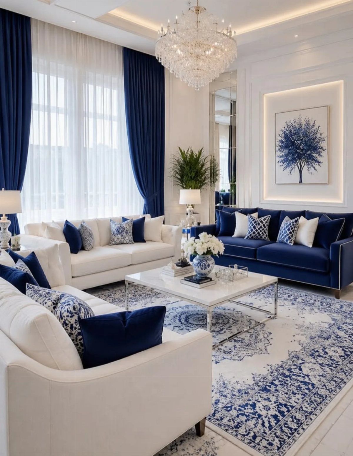 Navy blue sofa and white couches in a bright living room with patterned rug.