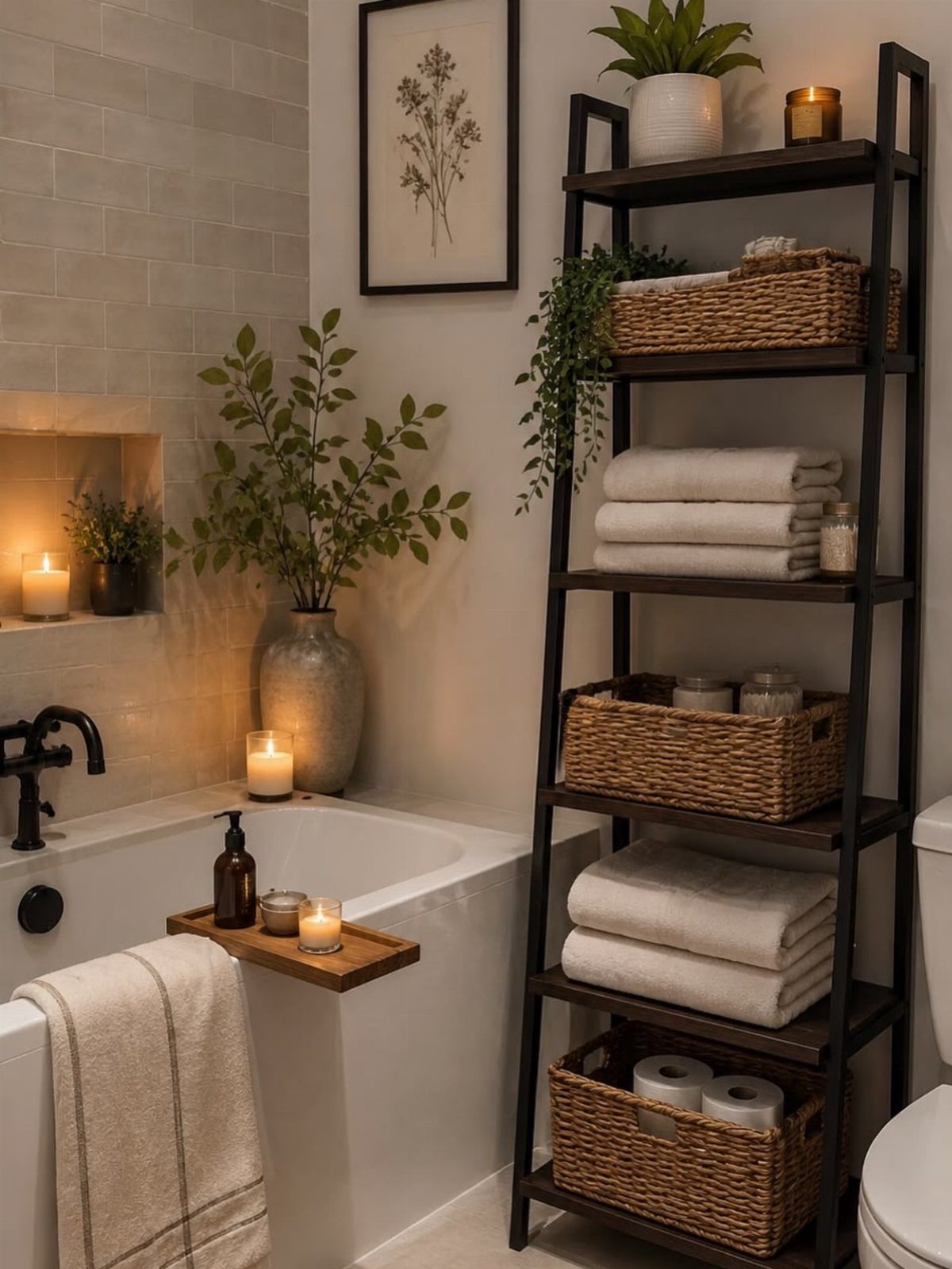Bathroom with a white tub, black shelving unit, woven baskets, and green plants.