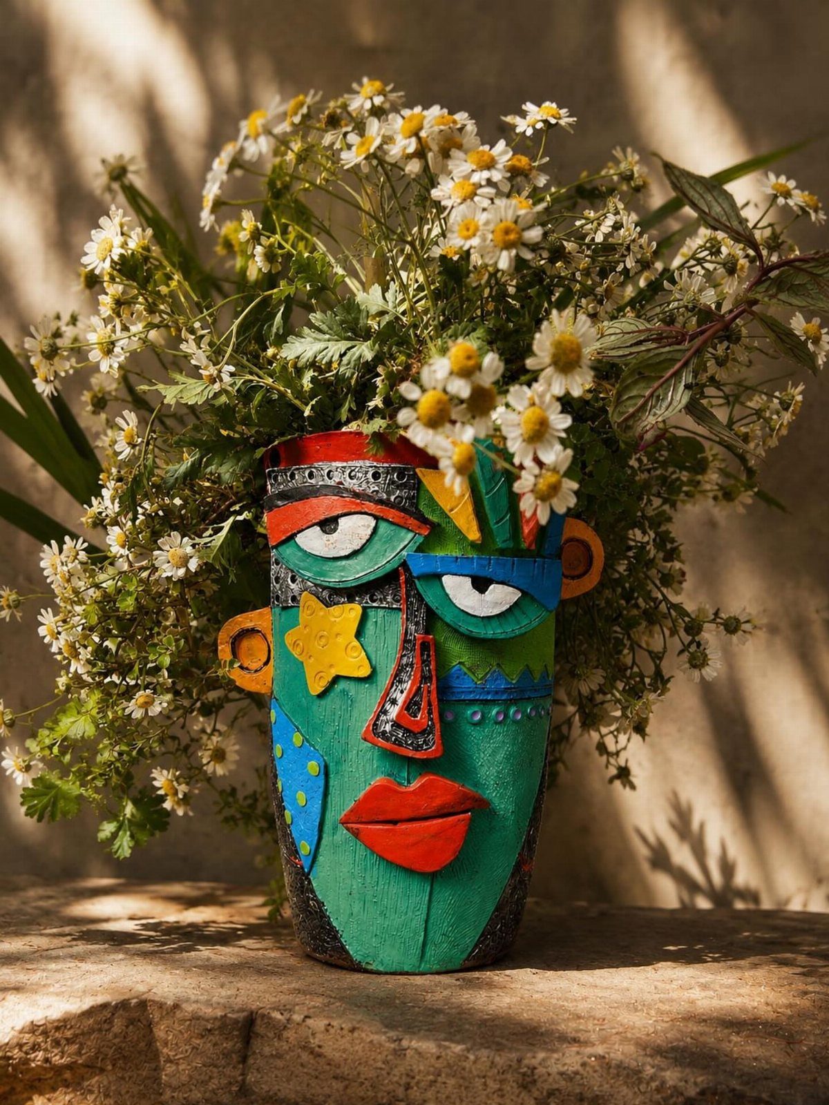 Colorful face-shaped ceramic vase filled with white daisies and green foliage.