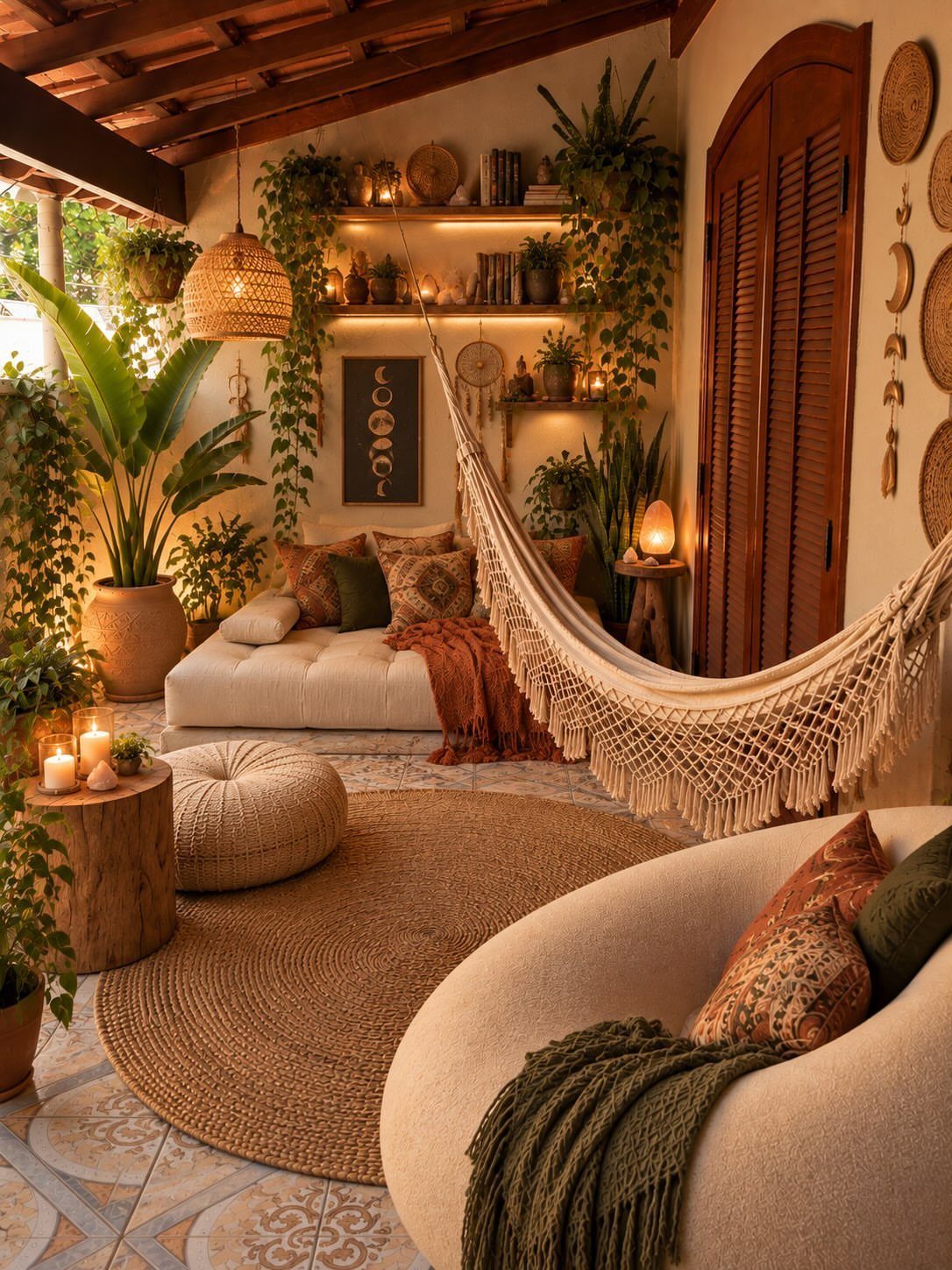 Bohemian patio featuring a macramé hammock, jute rug, and lush indoor greenery.