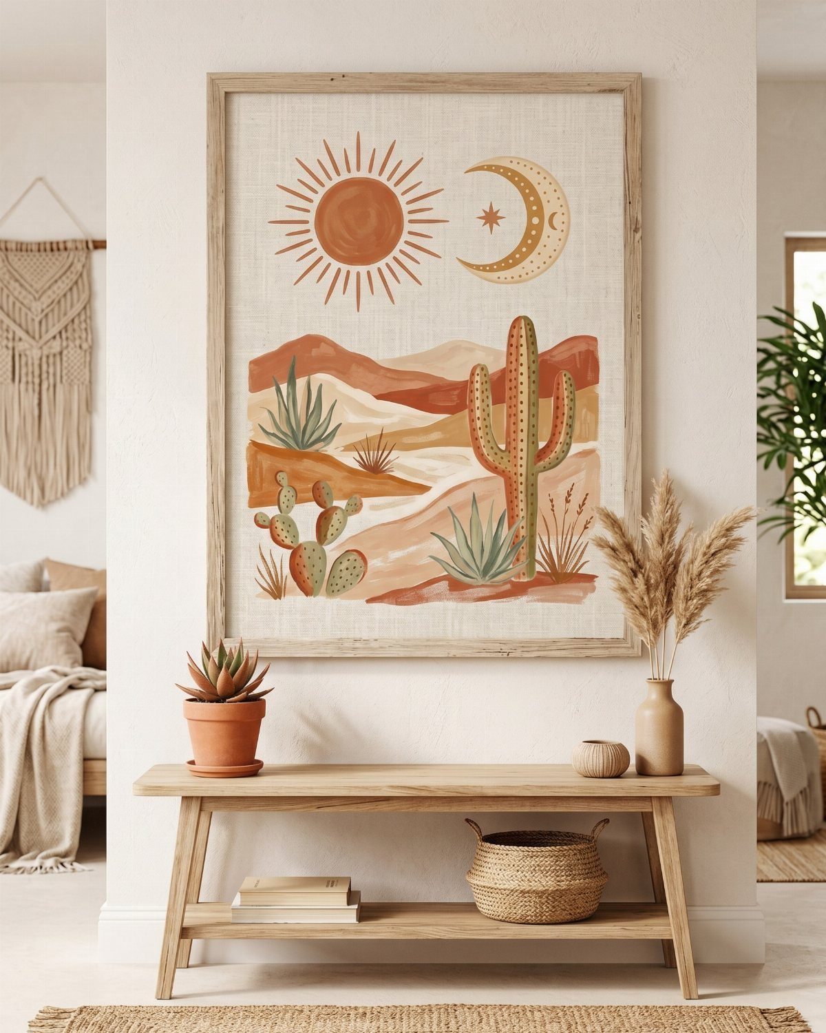 Desert landscape painting above a wooden console table with boho decor accents.