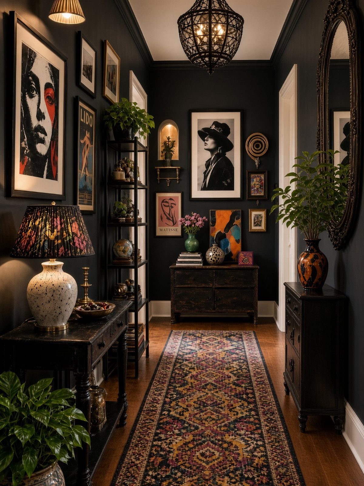 Dark hallway with gallery wall, patterned runner rug, and eclectic bohemian decor.