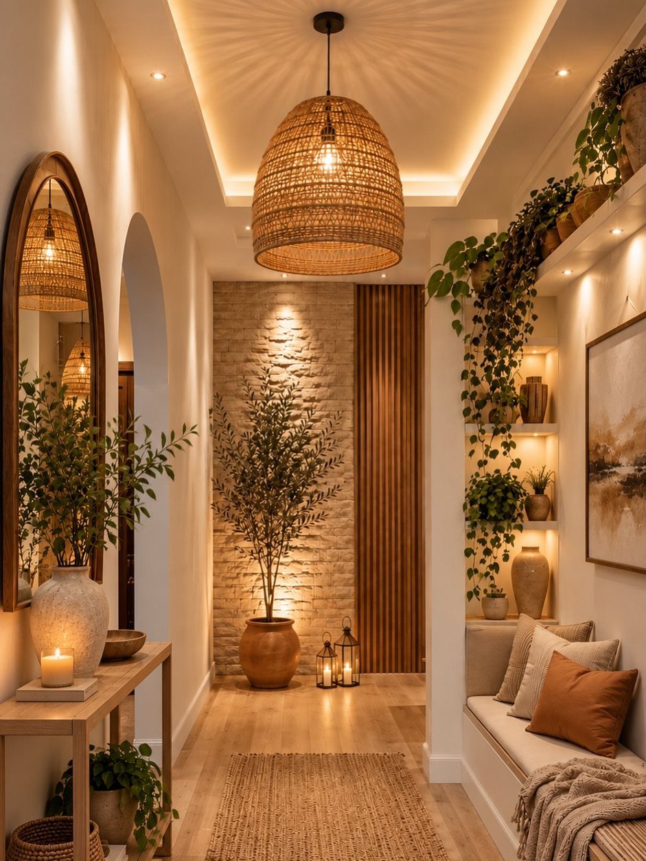 Boho hallway with woven pendant light, stone wall, and lush trailing indoor plants.