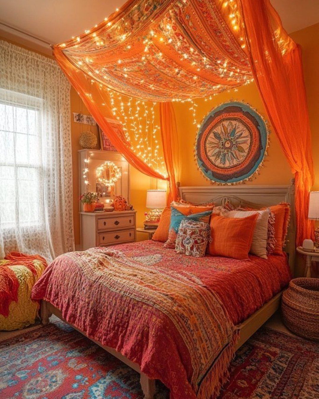 Bohemian bedroom with orange canopy, patterned red bedding, and decorative bohemian pillows.