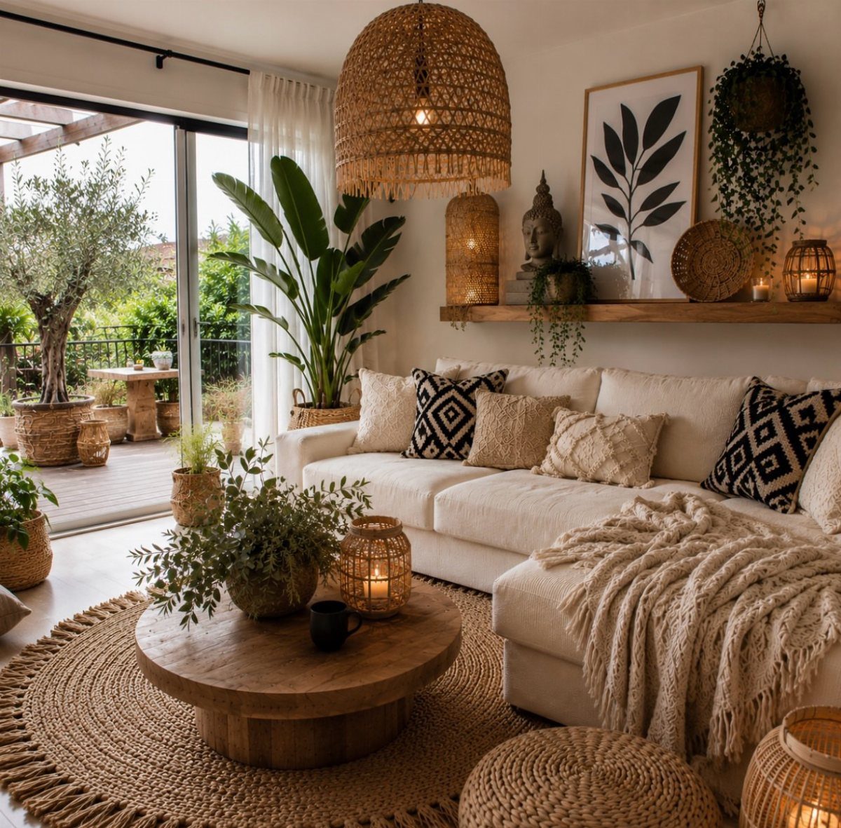 Boho living room with white sofa, wooden coffee table, and large jute rug.