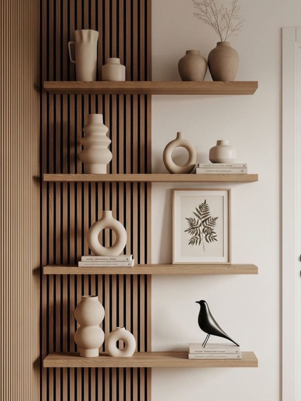 Wooden floating shelves with beige ceramic vases, a botanical print, and a black bird.
