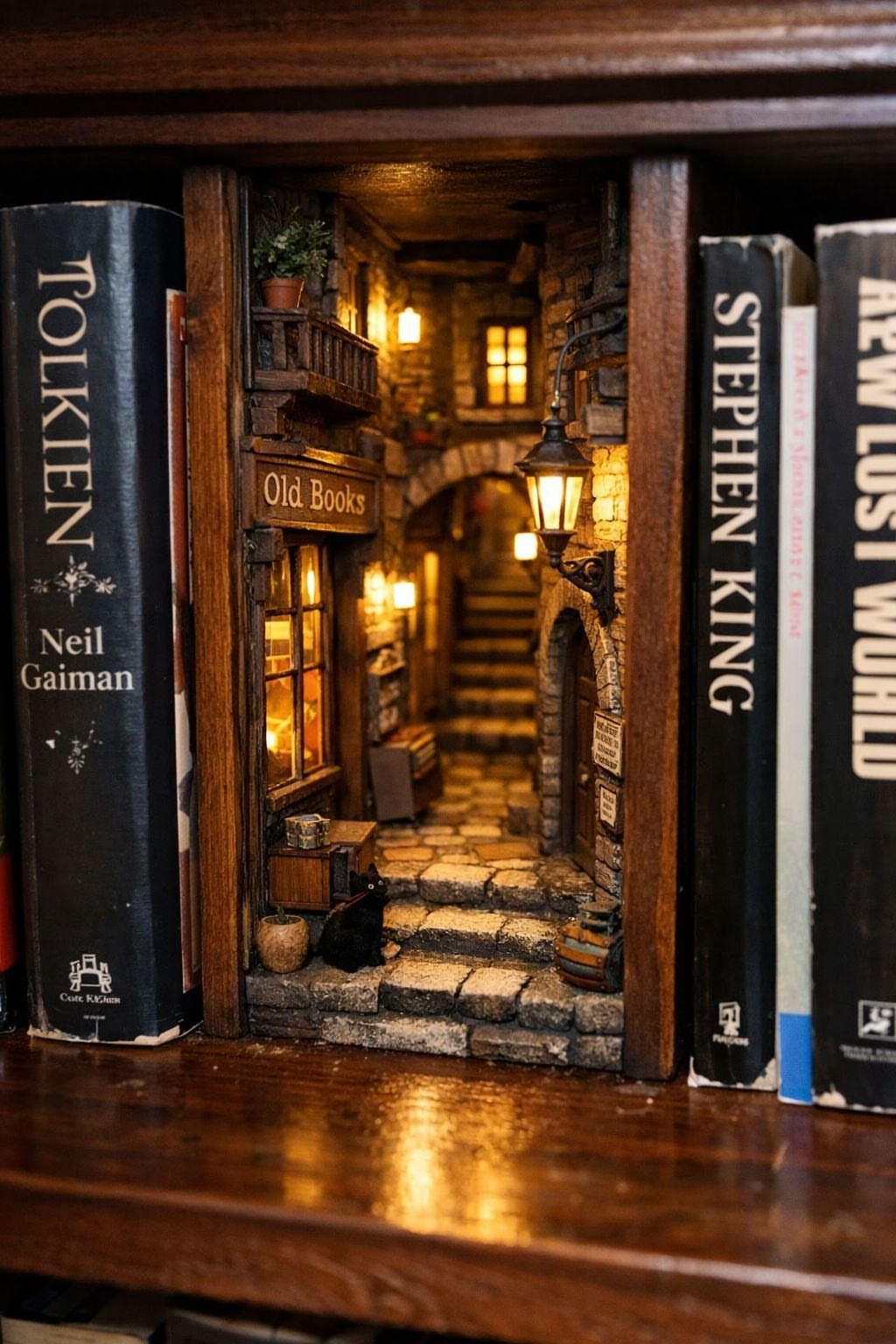 Miniature cobblestone alleyway diorama placed between books on a wooden bookshelf