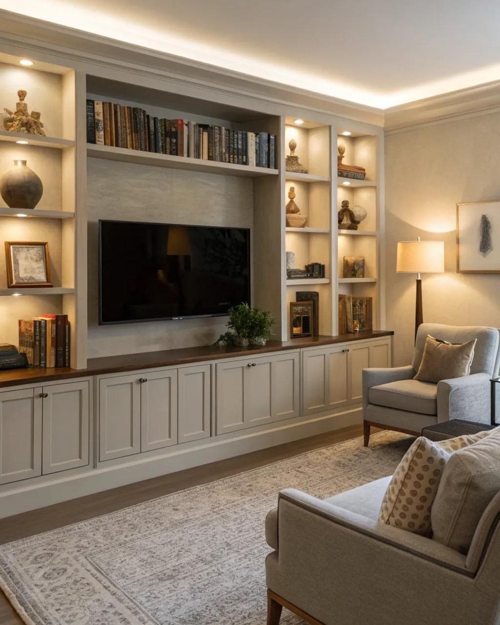White built-in wall unit with television, bookshelves, and base cabinets in a living room.