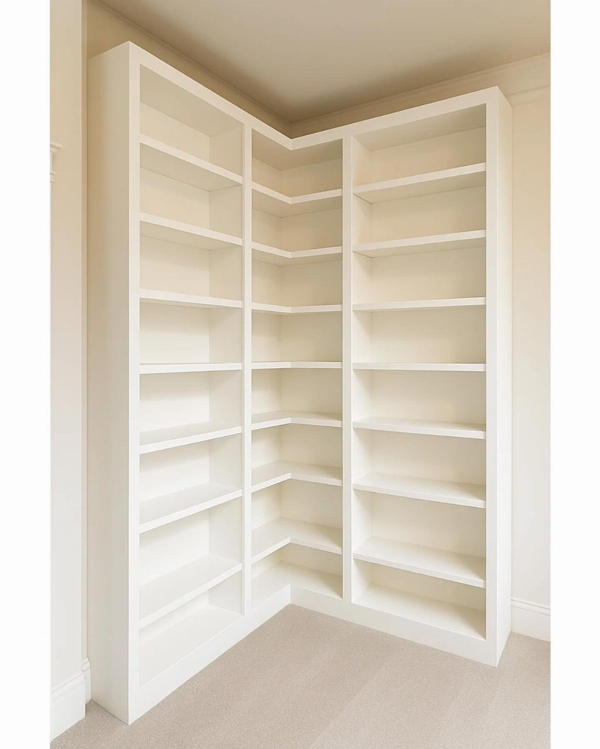 White L-shaped built-in bookshelf filling a room corner with empty shelves.