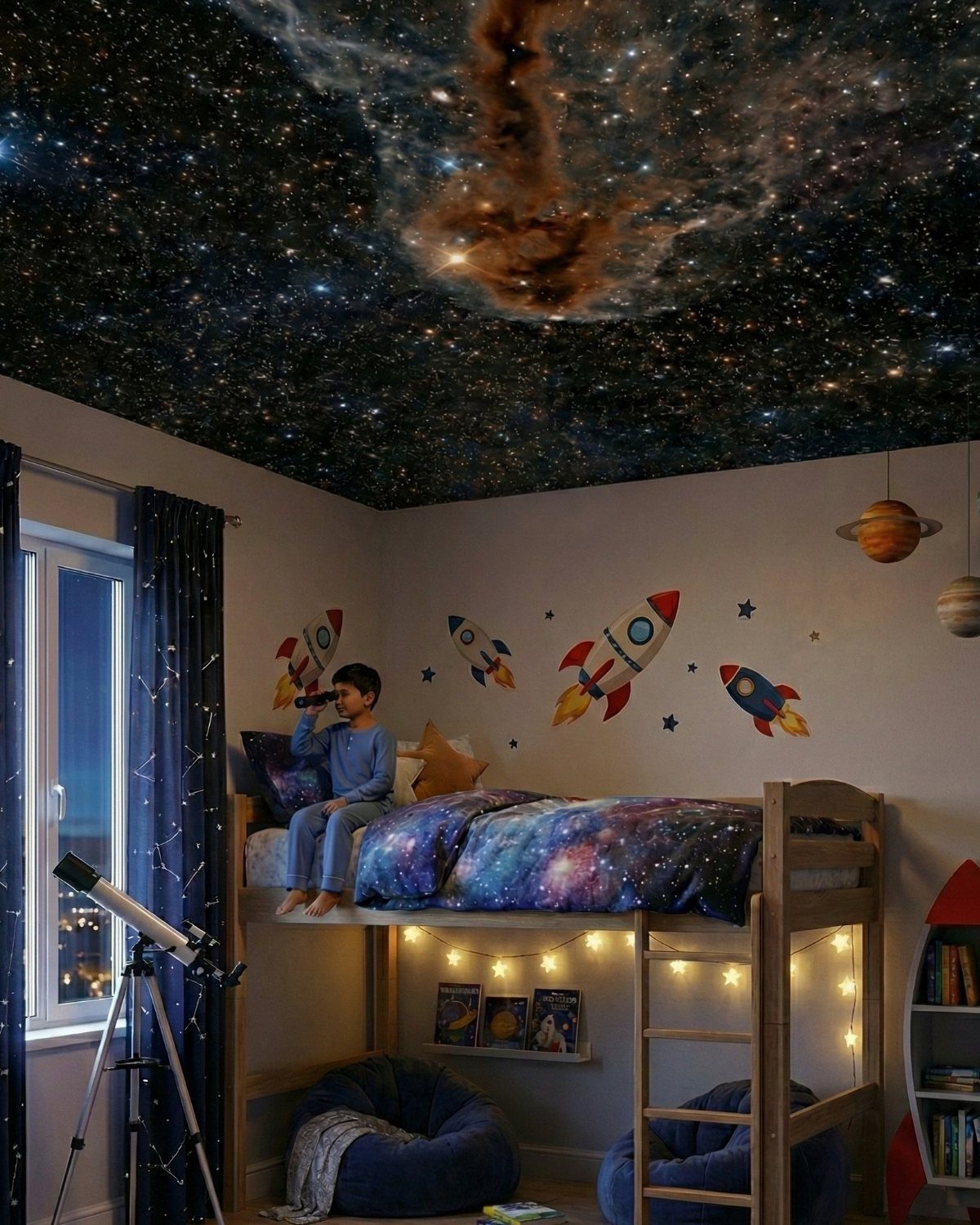 Child's bedroom with a galaxy star wallpaper on the ceiling and space decorations.