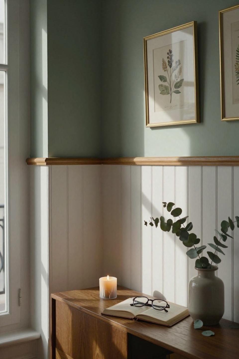 White vertical beadboard with a natural wood chair rail against a sage green wall