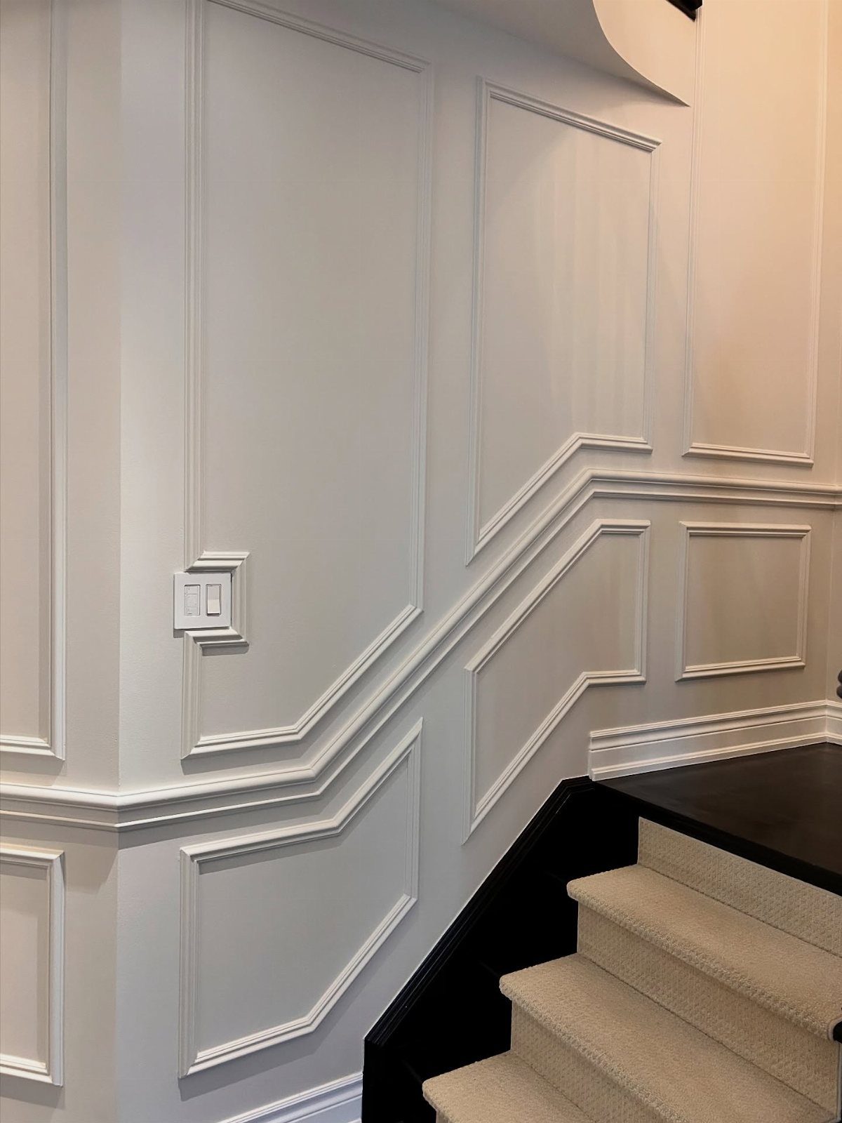 White wall molding and chair rail following the angle of a carpeted staircase.