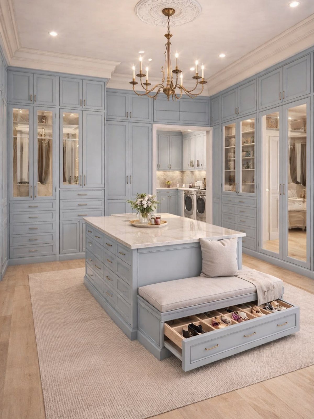 Custom closet island with marble top, integrated seating, and pull-out shoe storage.