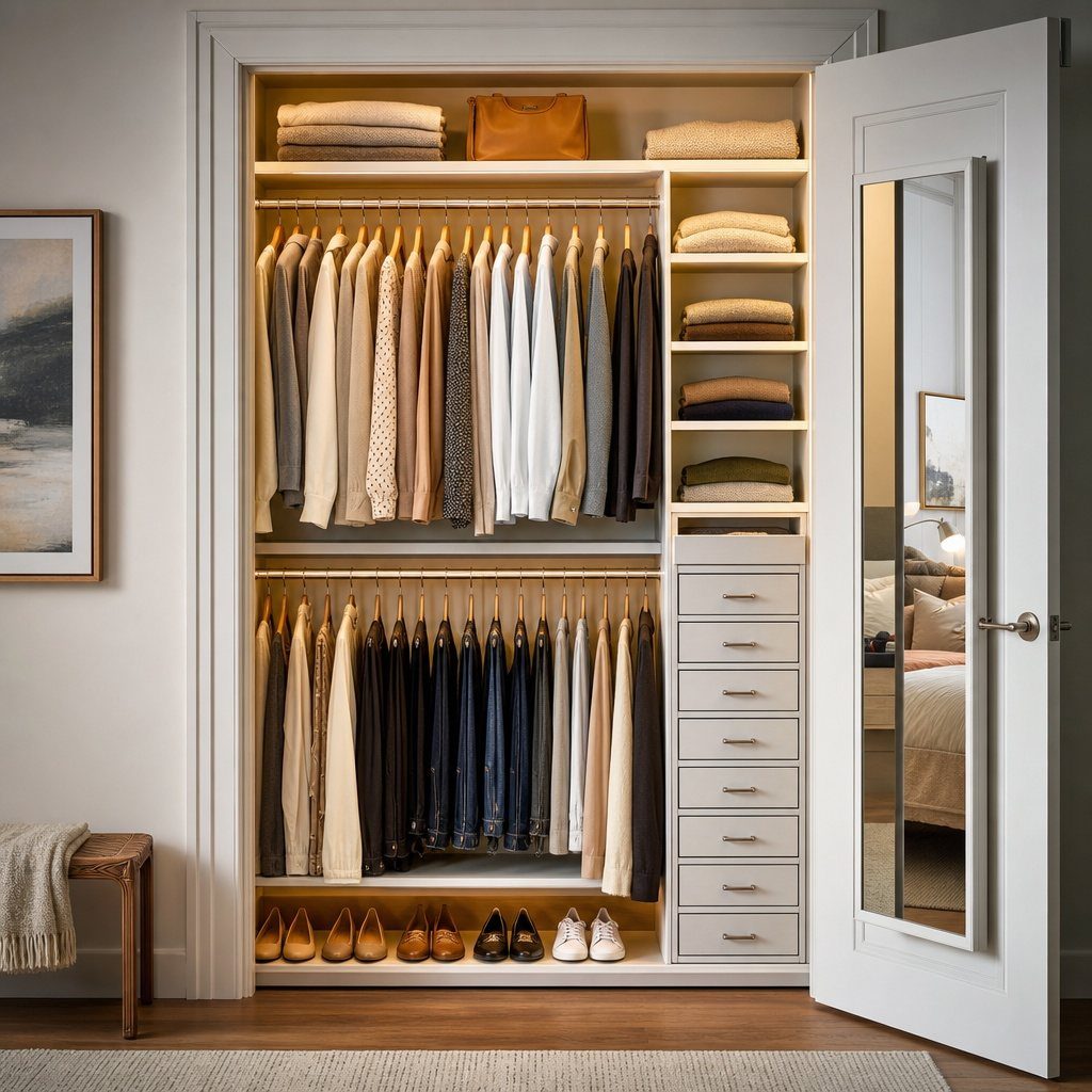 Built-in white closet featuring double-hanging rods, shelving, and drawers with a mirrored door.