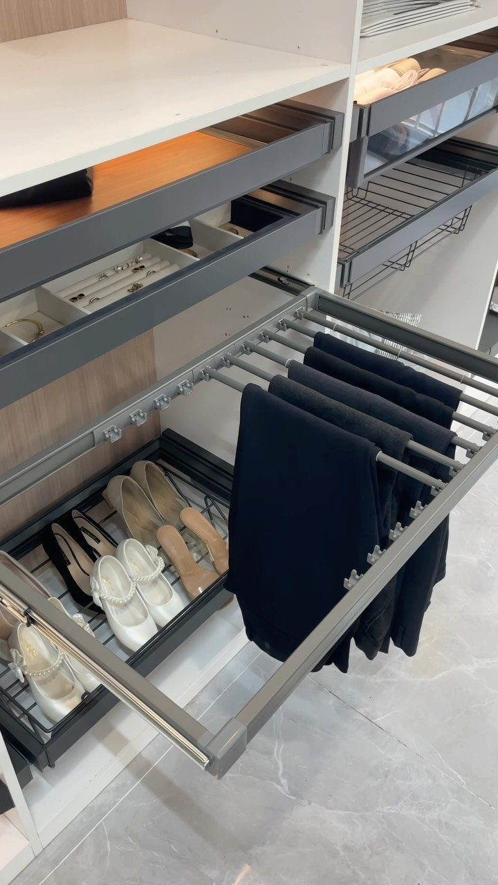 Pull-out valet rod with dark trousers and a shoe rack with white heels.