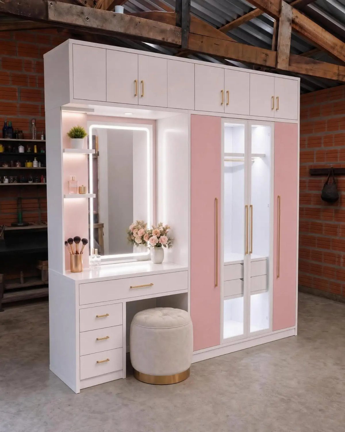 White and pink closet unit with a vanity mirror and beige upholstered stool.